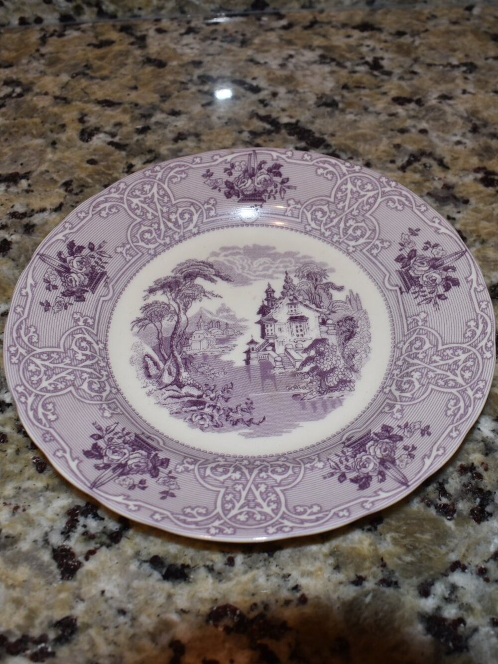 Two's Company Purple Transferware Plate Cottages
